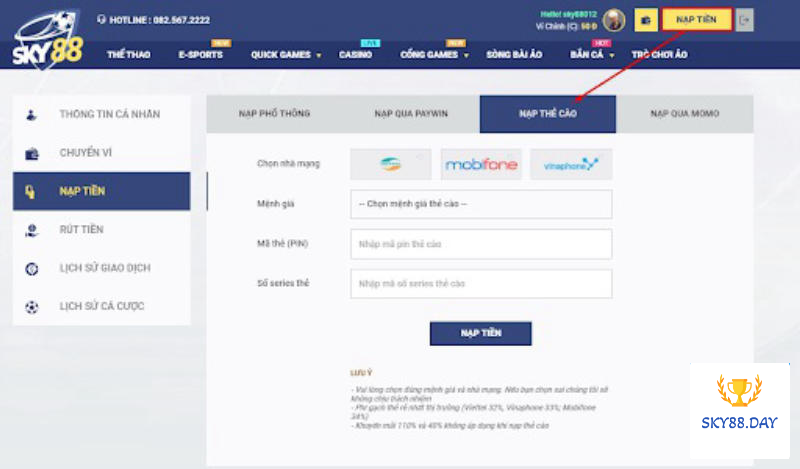 Nạp tiền Sky88 qua thẻ cào điện thoại di động hữu ích 