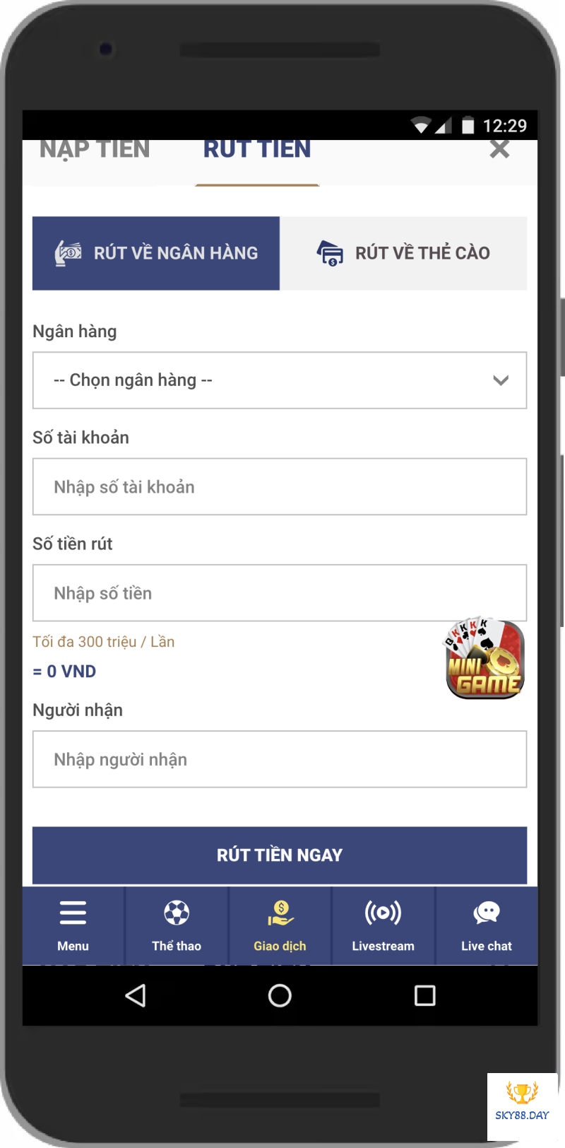 Rút tiền Sky88 từ tài khoản ngân hàng 